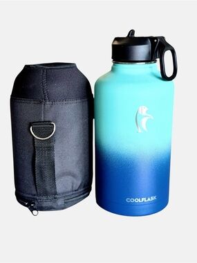 Coolflask 64oz Insulated Water Bottle in Stunning Blues with Carrying Pouch